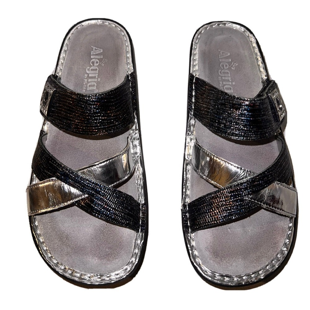 Alegria PG Lite Womens 7-7.5/37 Metallic Silver Black Slide Sandals Rocker Sole - Picture 3 of 10
